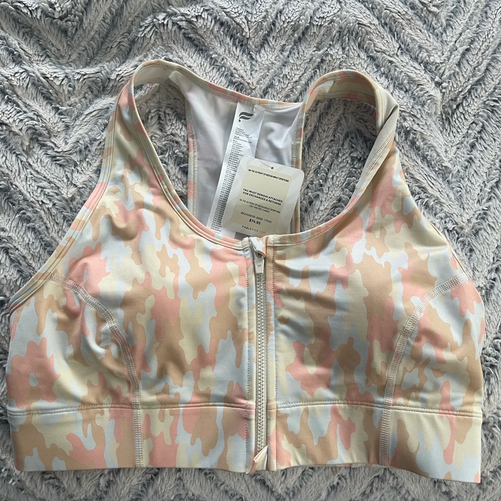 Fabletics Peach and Cream Zip-Front Sports Bra